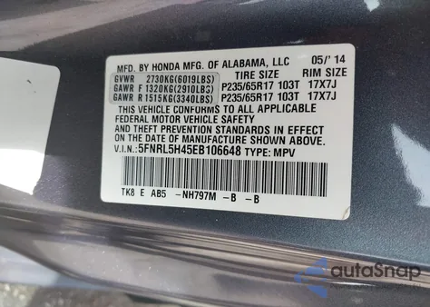 2014 Honda Odyssey Ex from USA, damaged, VIN 5FNRL5H45EB106648